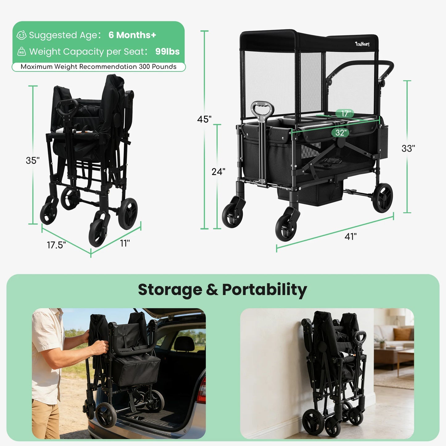 2 Seat Wagon Stroller Foldable All Terrain for Kids