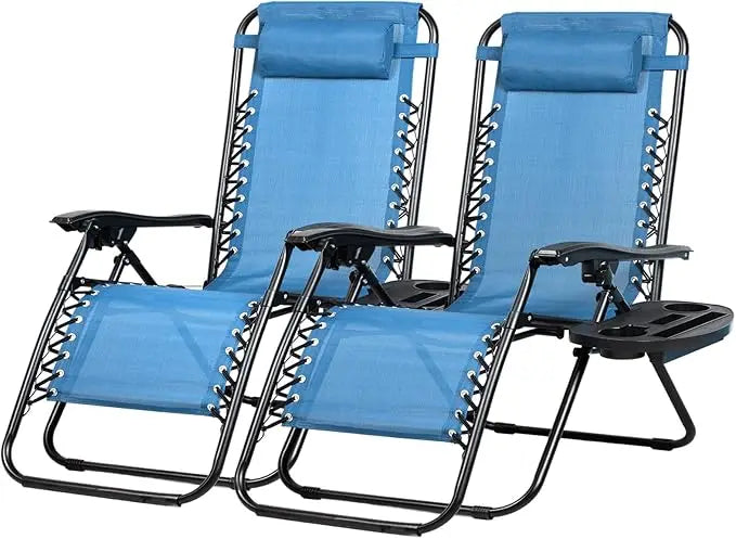 Set of 2 Adjustable Zero Gravity Patio Chairs with Pillow and Cup Holder