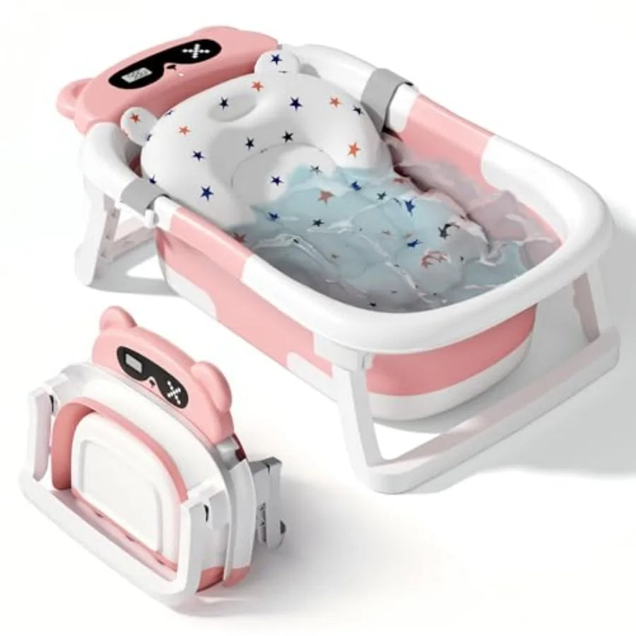 Baby BathtubFoldable Baby Bath Tub for Newborn to Toddler 0-18 Months Collapsible Infant Tub for Travel with Thermometer Soft C