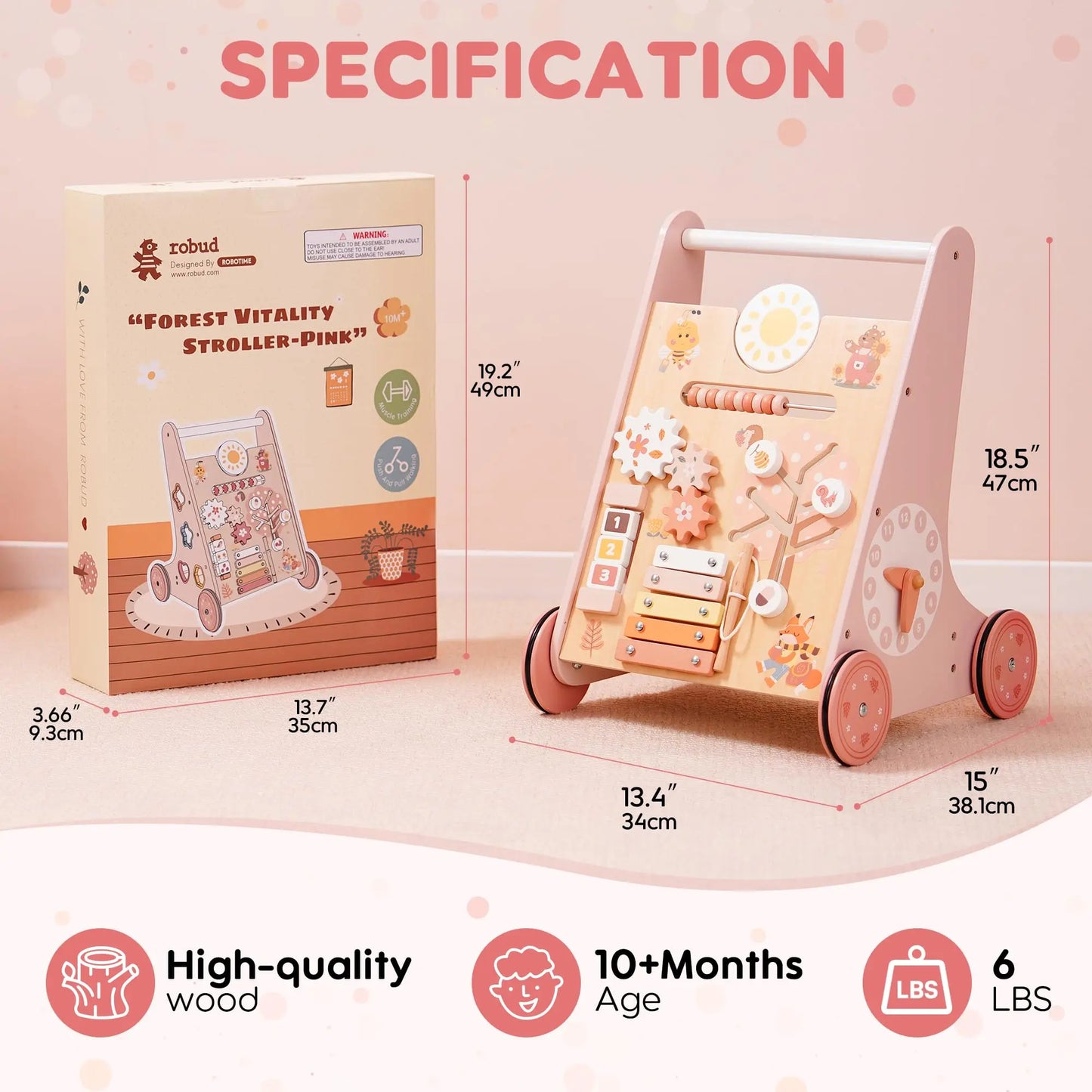 Robotime Robud Wooden Baby Walker With Activity Center and Storage