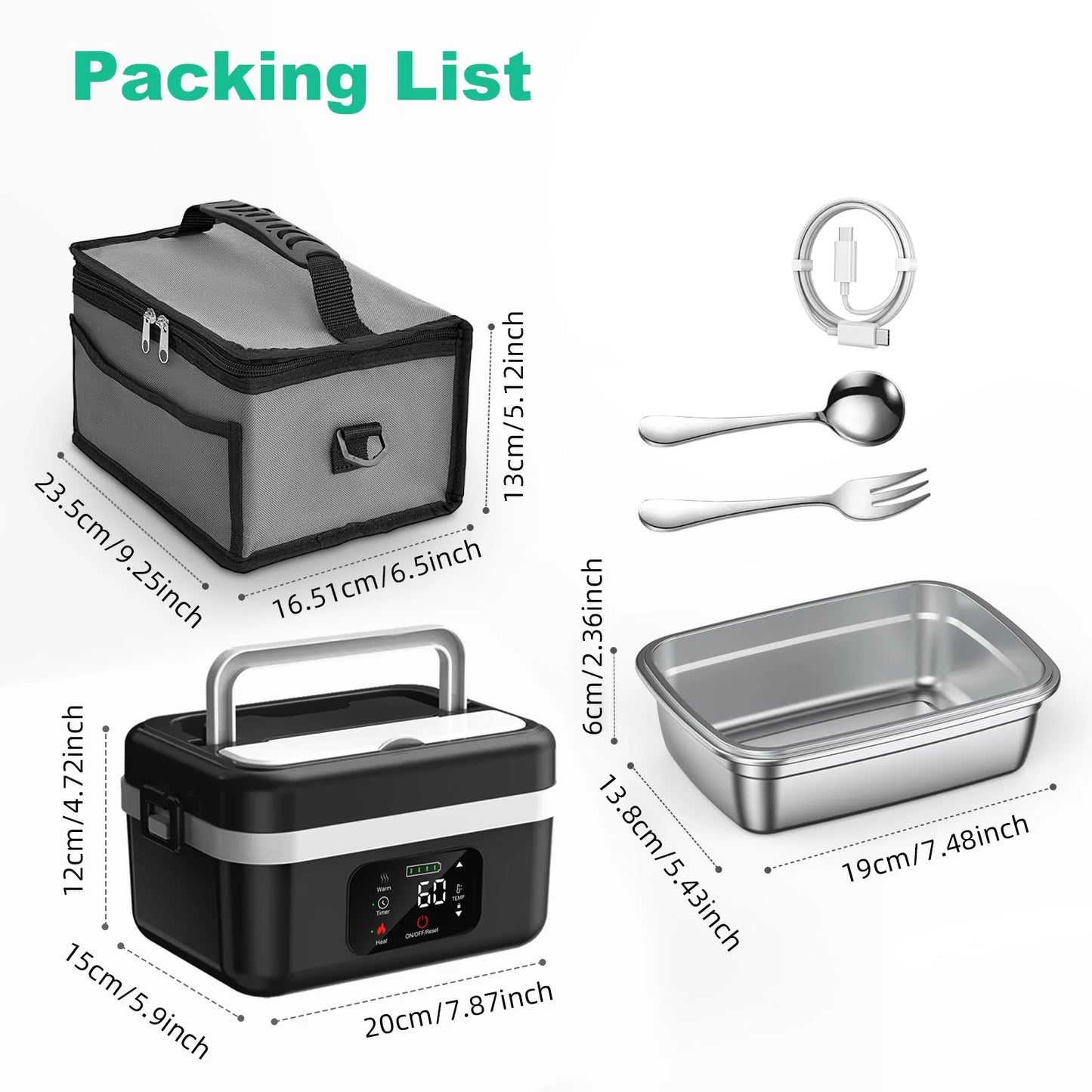 Wireless Electric Insulated Stainless Steel Lunch Box With 8000mAh Battery