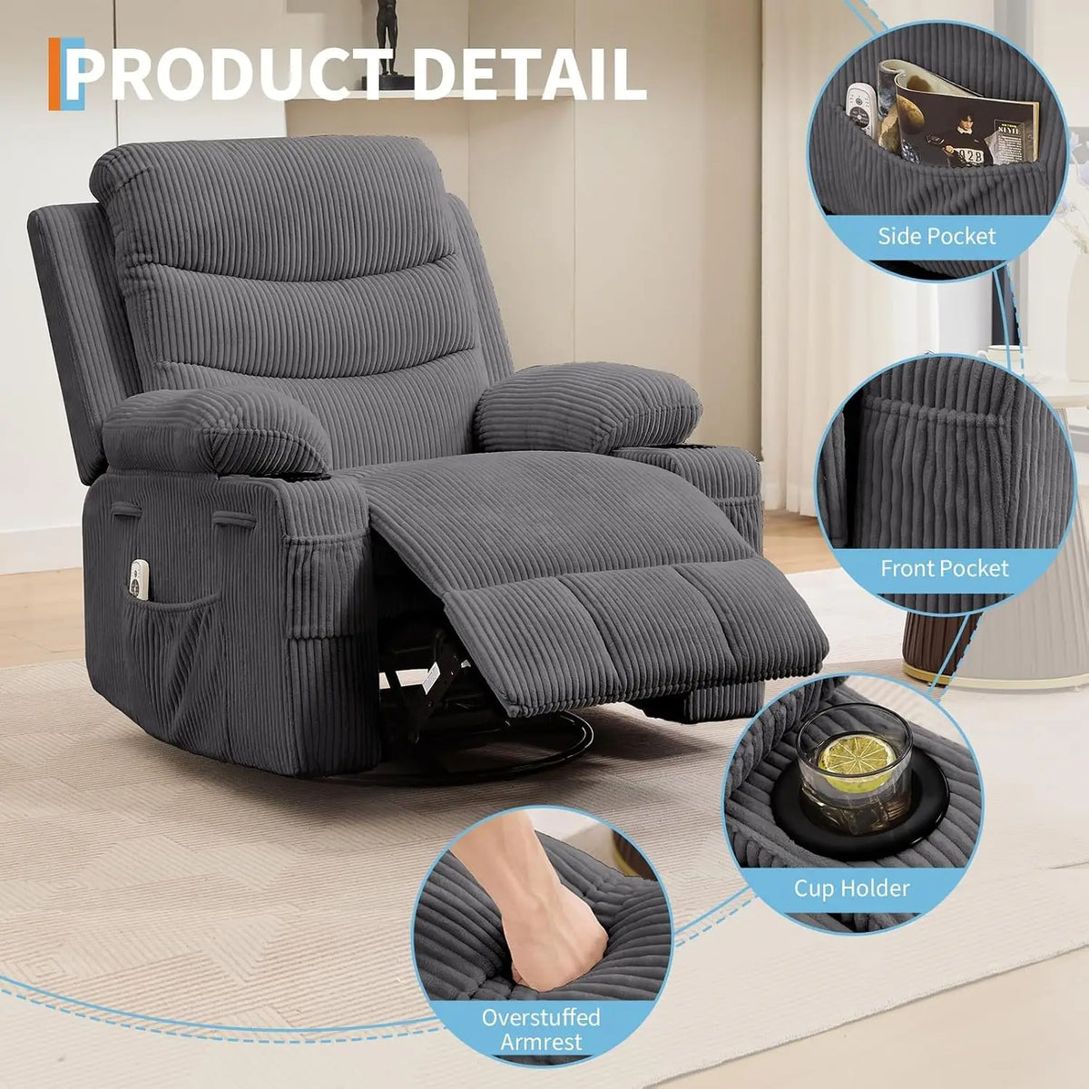 Garvee 360° Swivel Glider Rocker Massage Office Chair Full Body Airbag Sofa with Massage & Heat Wide Seat Manual Lounge Armchair with Cup Holder, for Living Room/Nursery/Bedroom/RV
