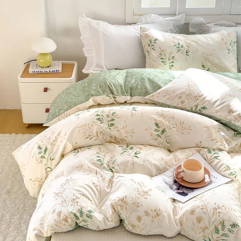Tea Themed Plant Print Quilt Cover Set All Seasons Three Piece Ultra Soft
