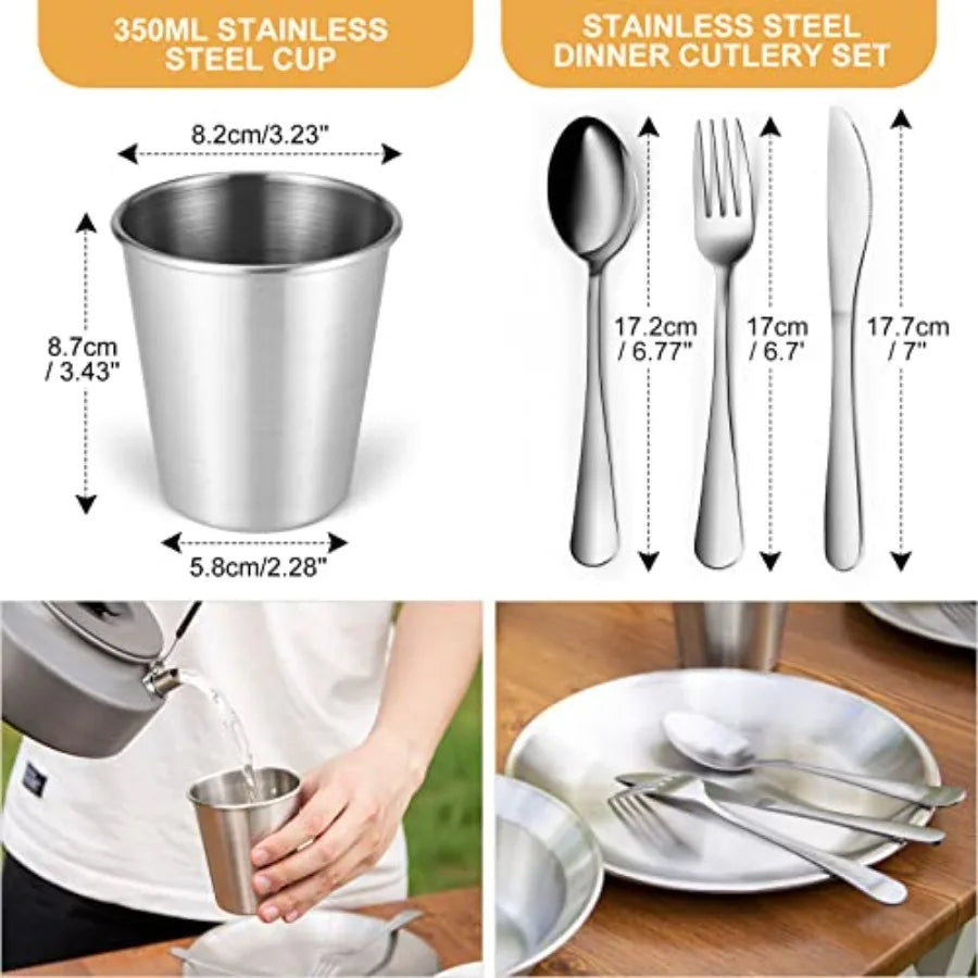 Stainless Steel Camping Mess Kit With Plates Bowls Forks Spoons Knives
