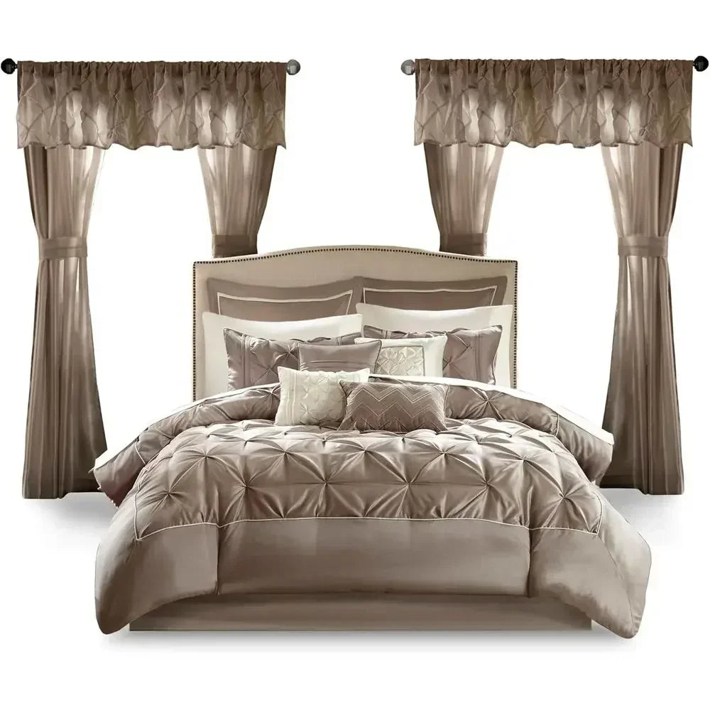 All-Season Diamond Tufted Bedding Set With Curtains And Pillows