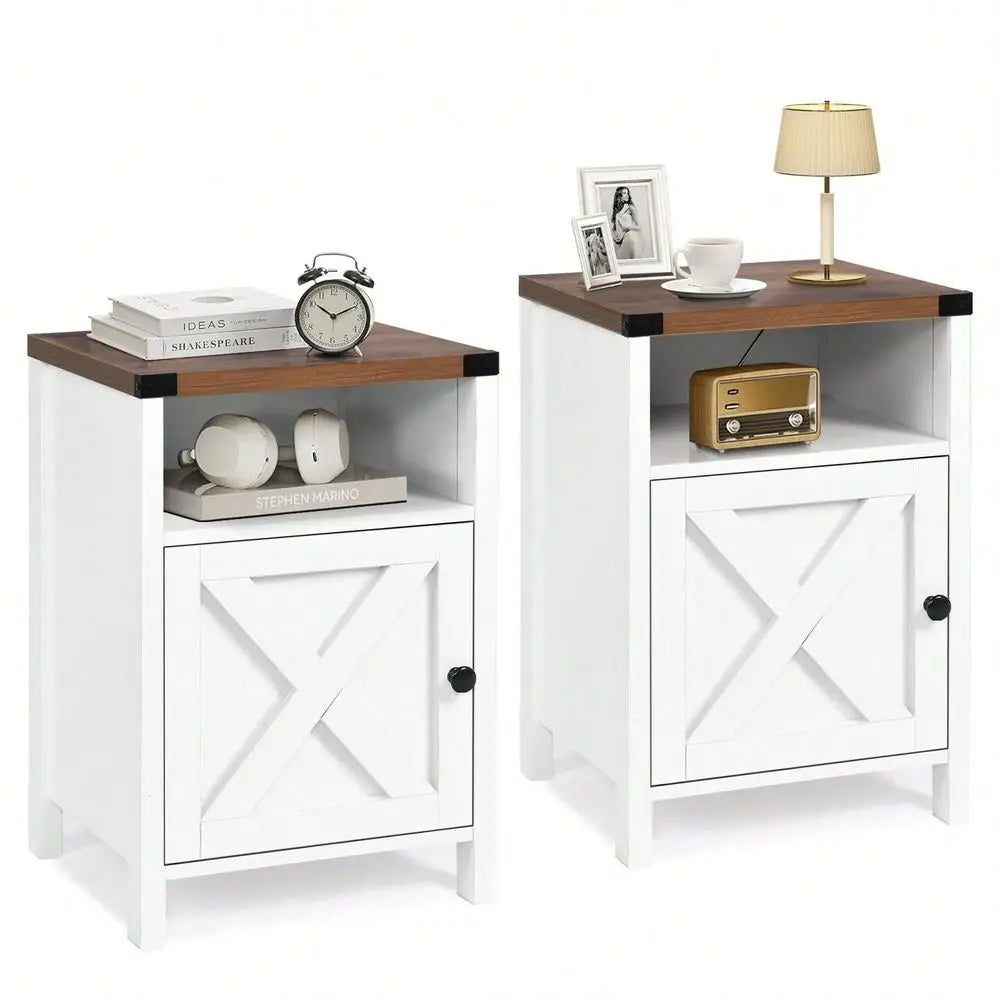 Farmhouse Wood Nightstand Set Two With Cabinet Shelf End Table