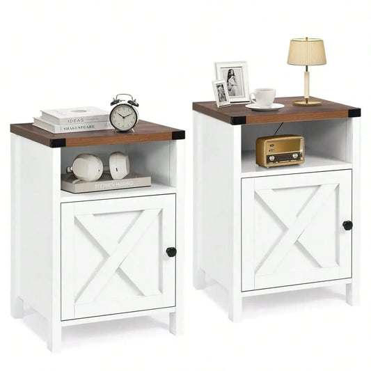 Farmhouse Wood Nightstand Set Two With Cabinet Shelf End Table