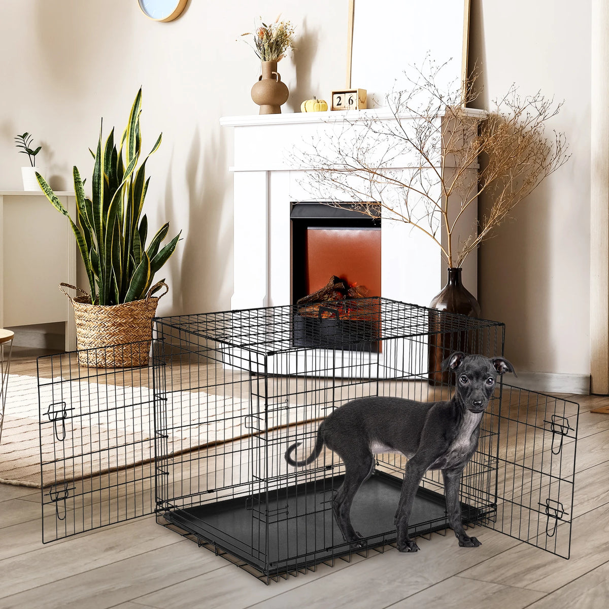 JHK Double Door Folding Metal Dog Crate With Leakproof Tray