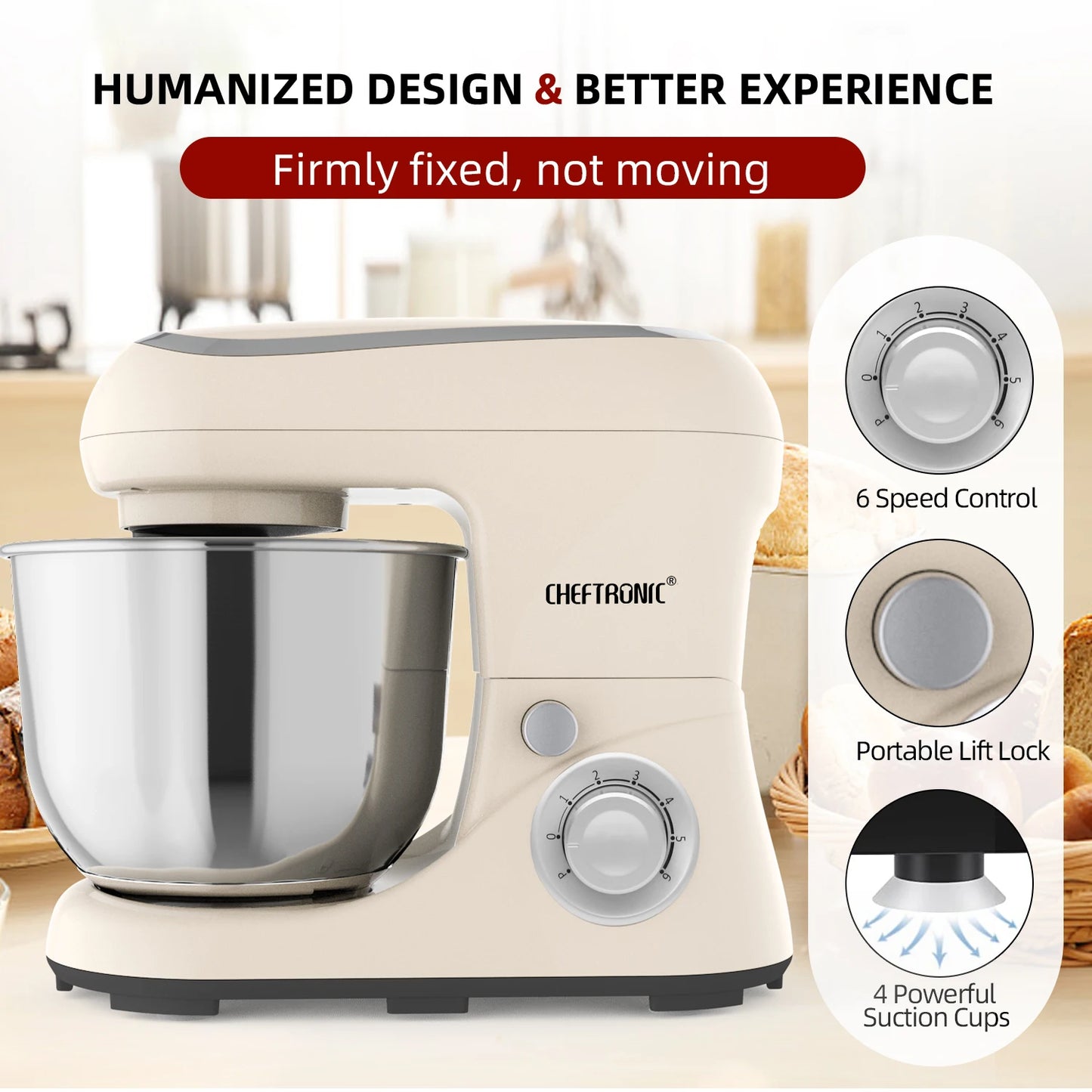 Cheftronic Tilt-Head Stand Mixer 500W 6+ Speeds for Kitchen