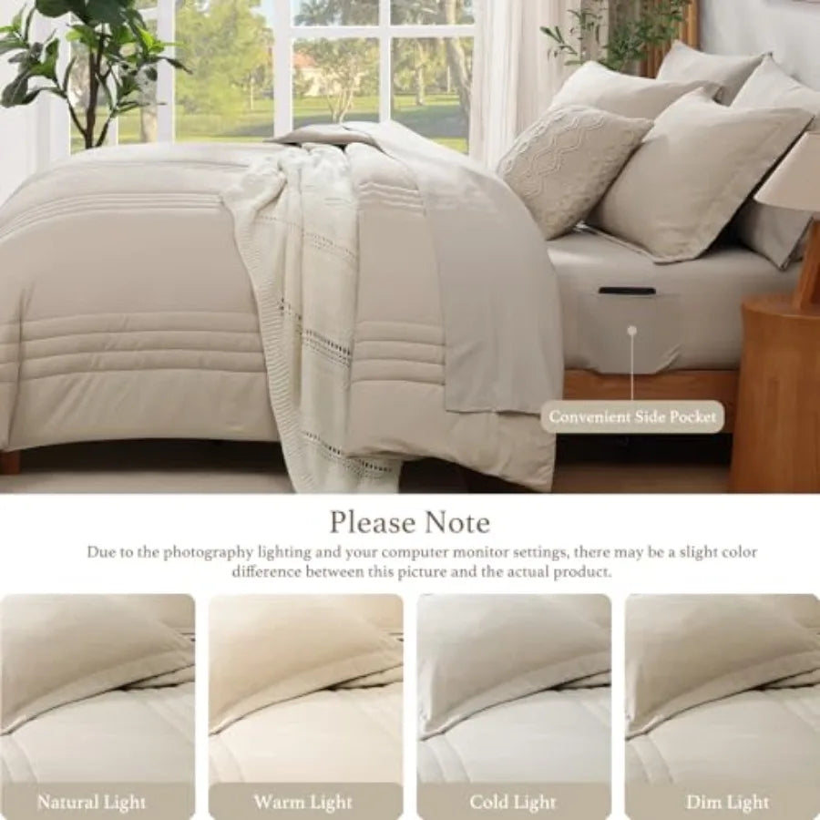 Comforter Set - 7 Pieces Beige Bed in a Bag Bedding Sets with Comforters, All Seasons Comforter Bed Set with Sheets, Pillowcase