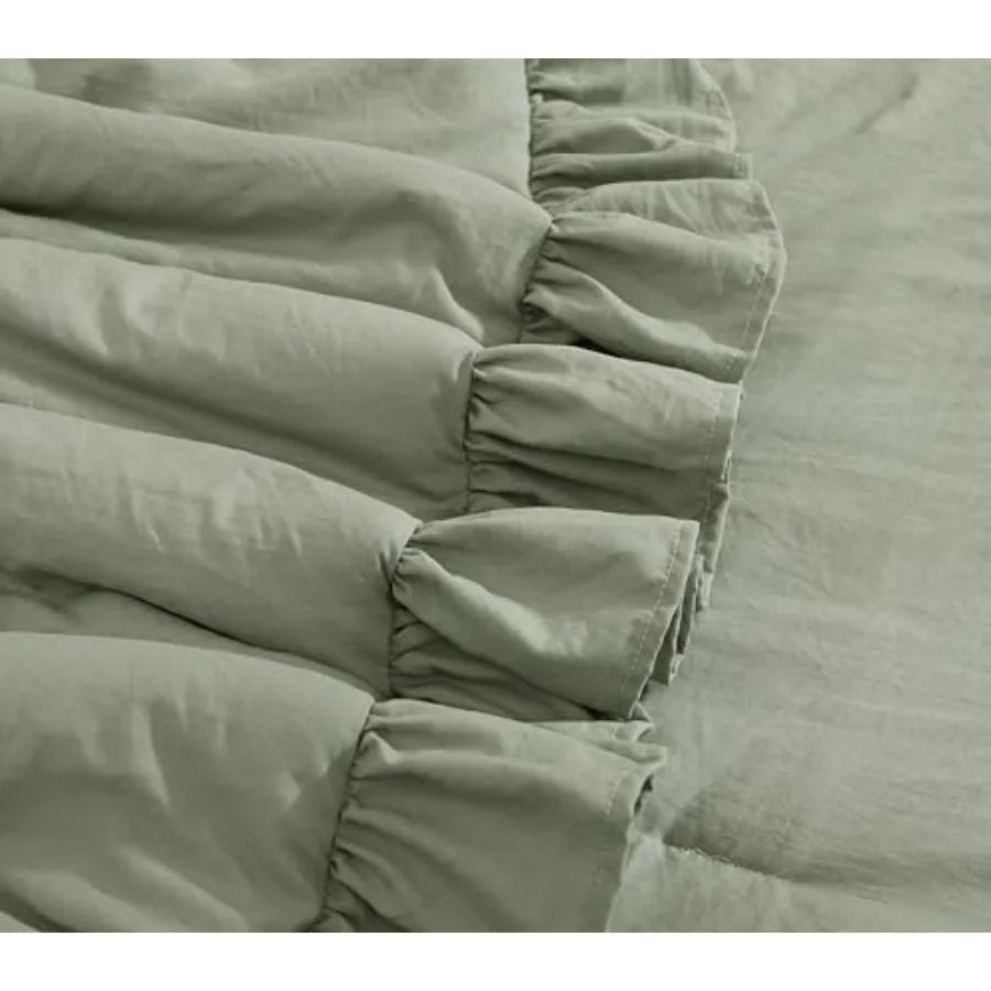 Comforter Set - 7 Pieces Ruffle Sage Green Bedding Sets, Shabby Chic Farmhouse Bed in a Bag with Ruffle Comforter, Floral Sheet