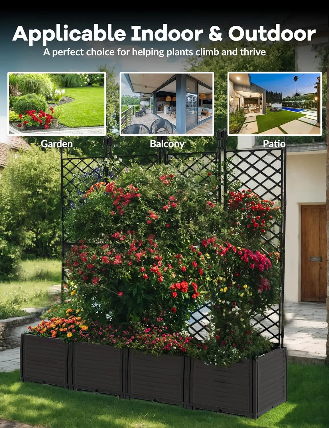 HiMISSH Plastic Plant Box With Metal Trellis Raised Garden Bed