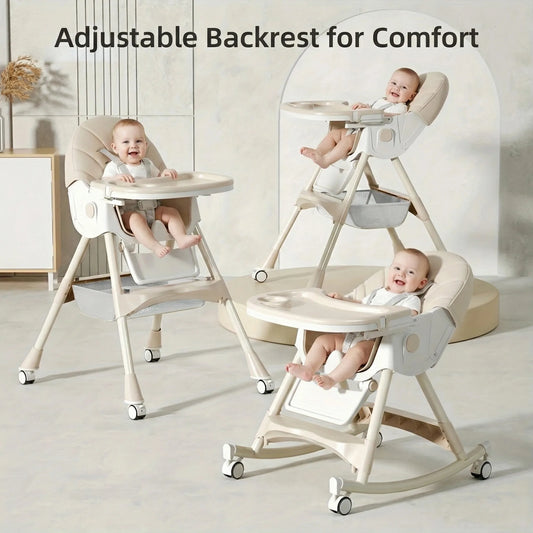 Multifunctional Foldable Kids High Chair by-6-in-1 Design with Adjustable Height, Reclining Backrest, 3-Position Tray, 5-Point Safety Harness & Removable Cushion for Home, Travel & Outdoor