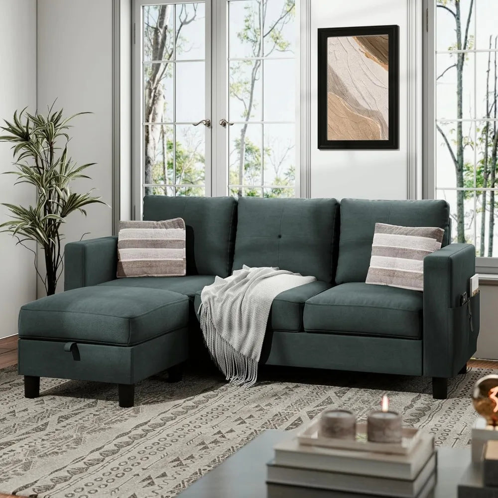 L Shaped Convertible Sectional Sofa With Reversible Storage Ottoman