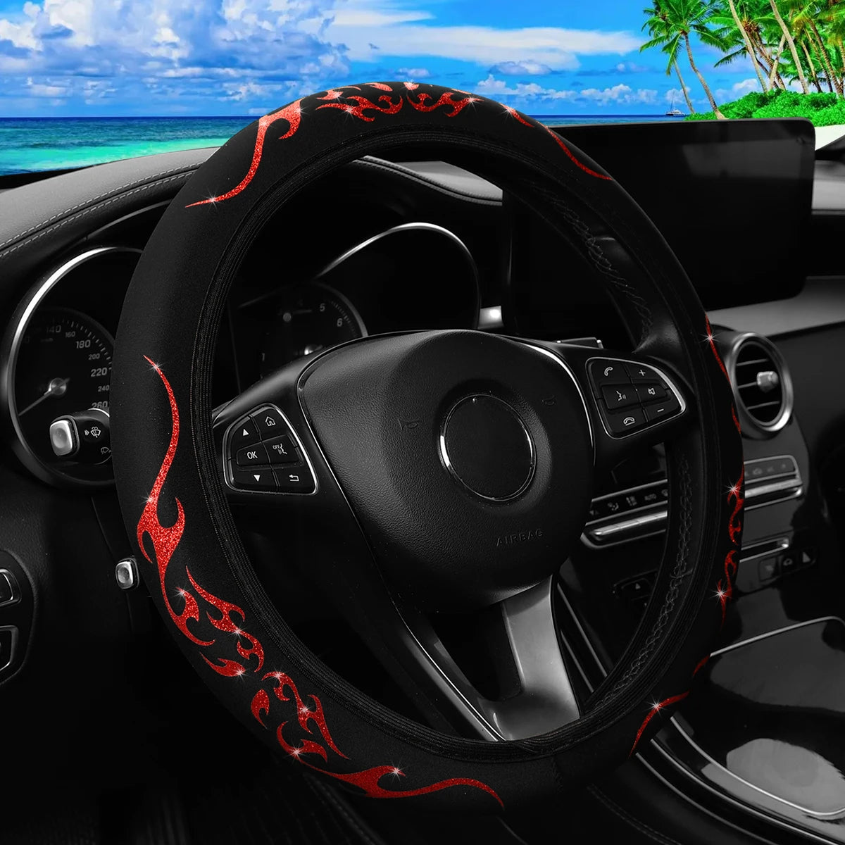 Meikaxiu Bling Bling Flame Totem Fabric Steering Wheel Cover