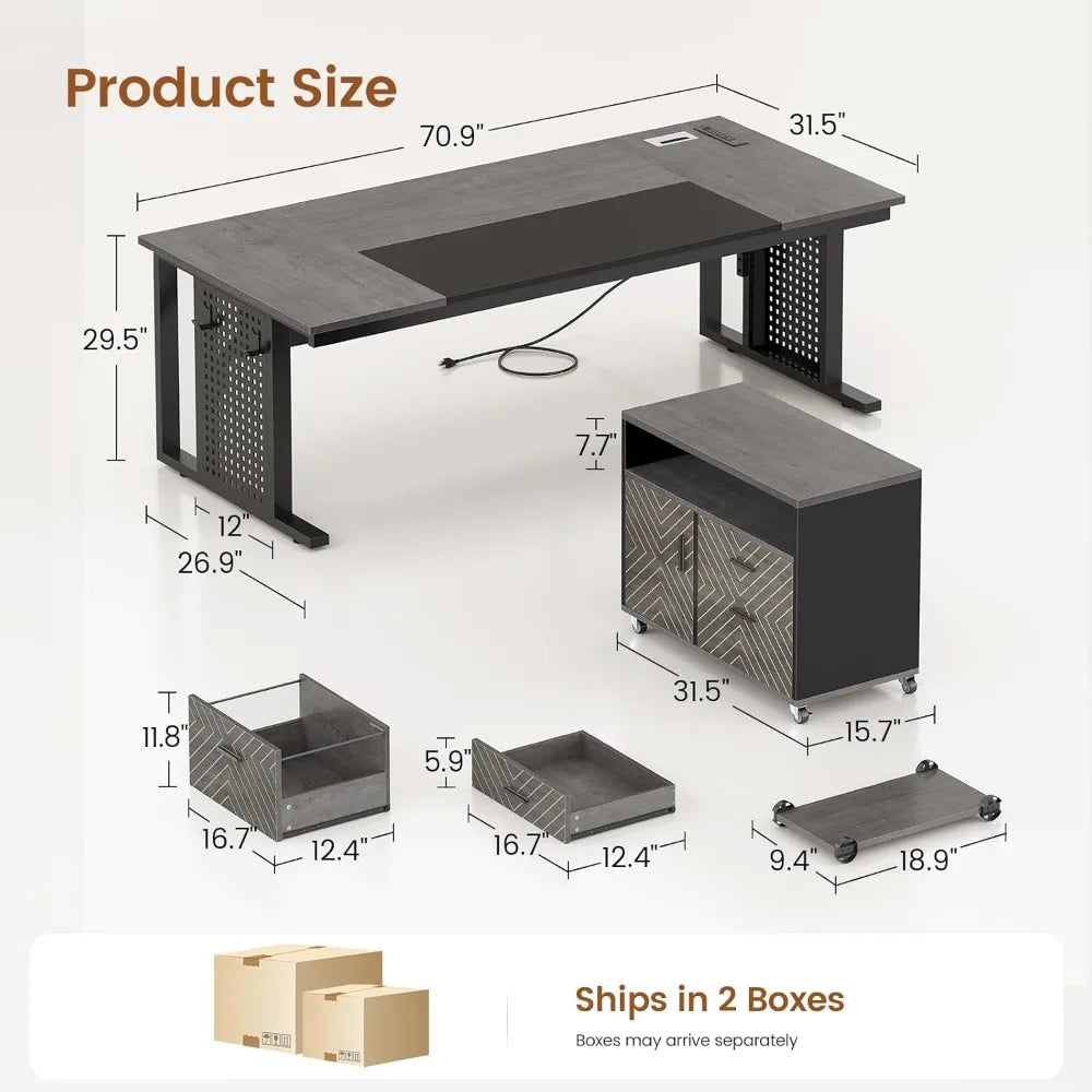 L Shaped Executive Desk With Power Outlets And Drawers