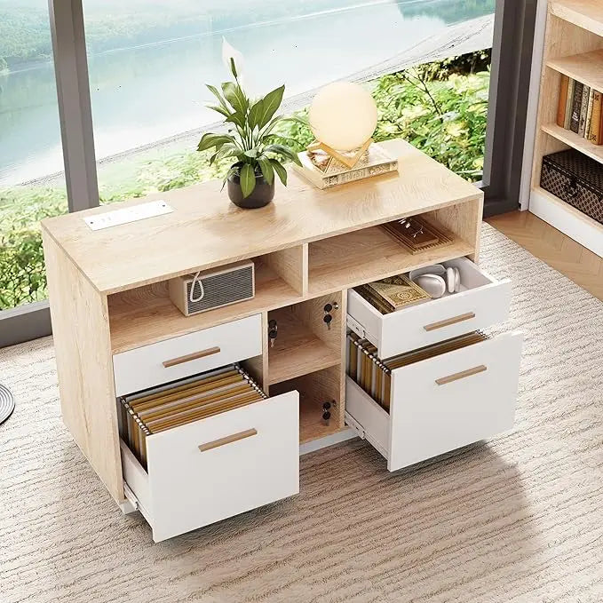 Four Drawer Wooden Filing Cabinet With Lock Power Outlet