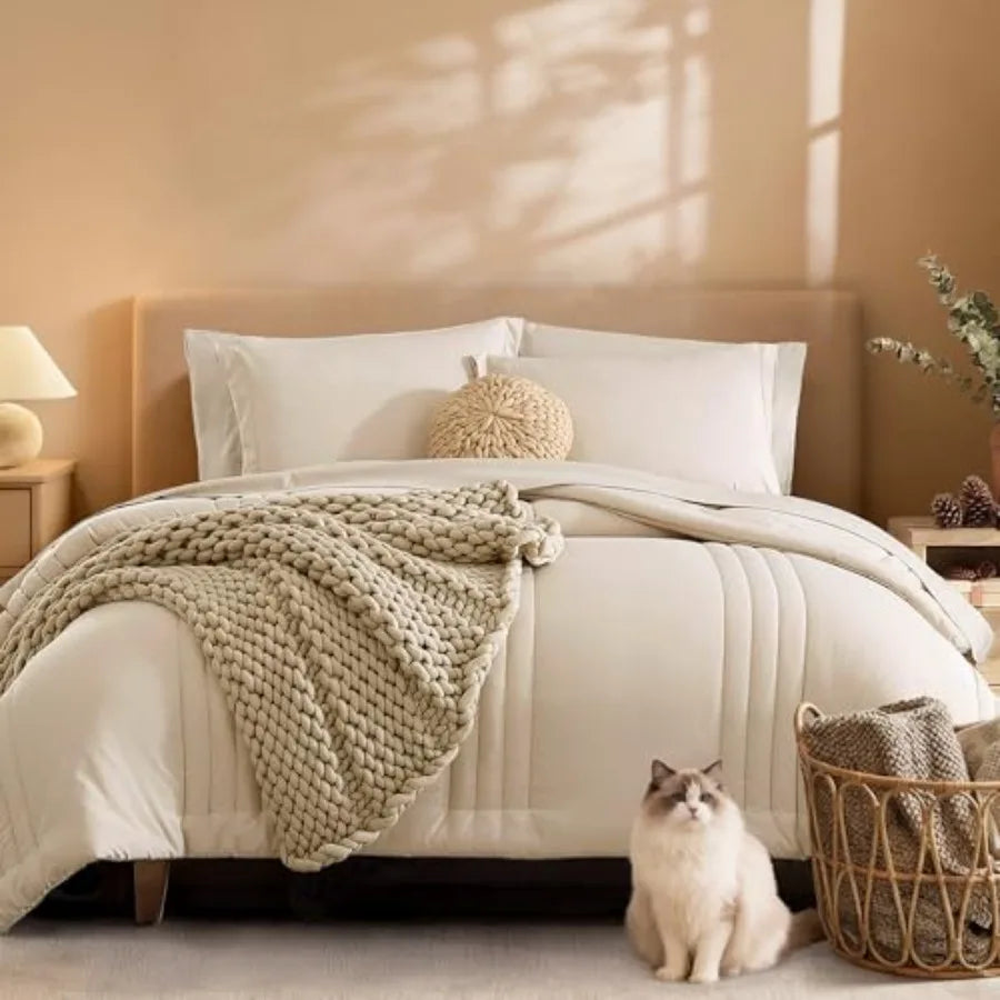 Comforter Set - 7 Pieces Beige Bed in a Bag Bedding Sets with Comforters, All Seasons Comforter Bed Set with Sheets, Pillowcase