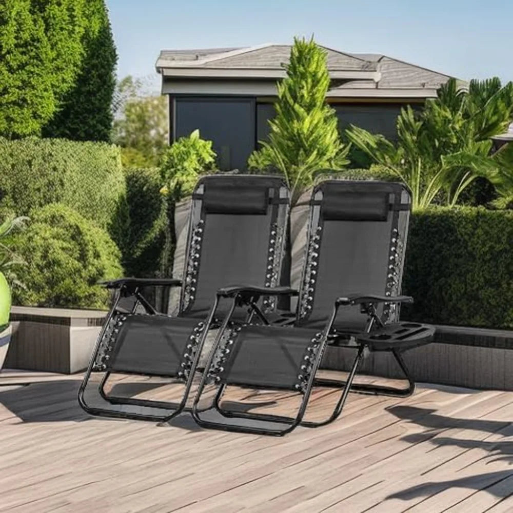 Set of 2 Adjustable Zero Gravity Patio Chairs with Pillow and Cup Holder