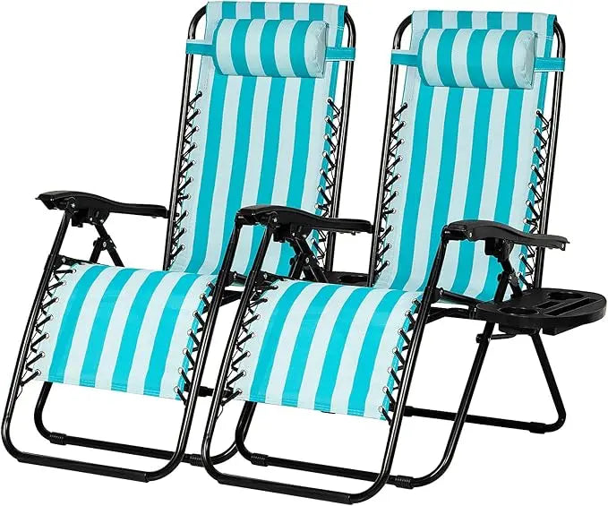 Set of 2 Adjustable Zero Gravity Patio Chairs with Pillow and Cup Holder