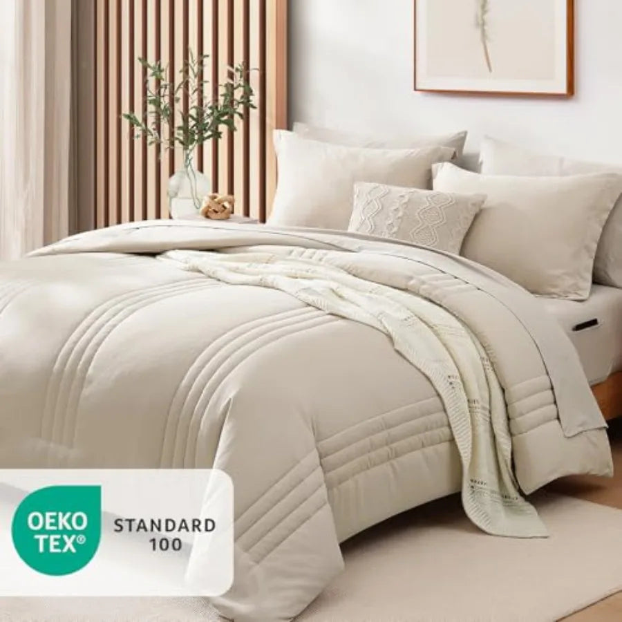 Comforter Set - 7 Pieces Beige Bed in a Bag Bedding Sets with Comforters, All Seasons Comforter Bed Set with Sheets, Pillowcase