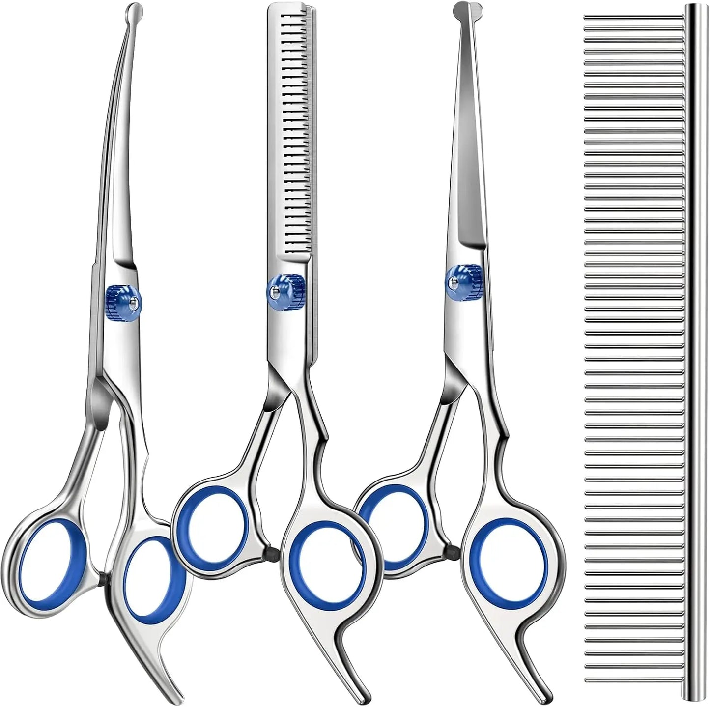 Professional Pet Grooming Shears Set Stainless Steel Safety Round Tip Dog Cat Hair Cutting Kit Straight Curved Thinning Scissors with Comb for Small Large Pets Hair Trimming