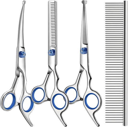 Professional Pet Grooming Shears Set Stainless Steel Safety Round Tip Dog Cat Hair Cutting Kit Straight Curved Thinning Scissors with Comb for Small Large Pets Hair Trimming