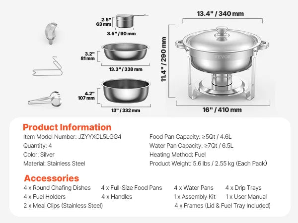 SucceBuy 4 Pack Chafing Dish Buffet Set Stainless Steel Warmer With Pans