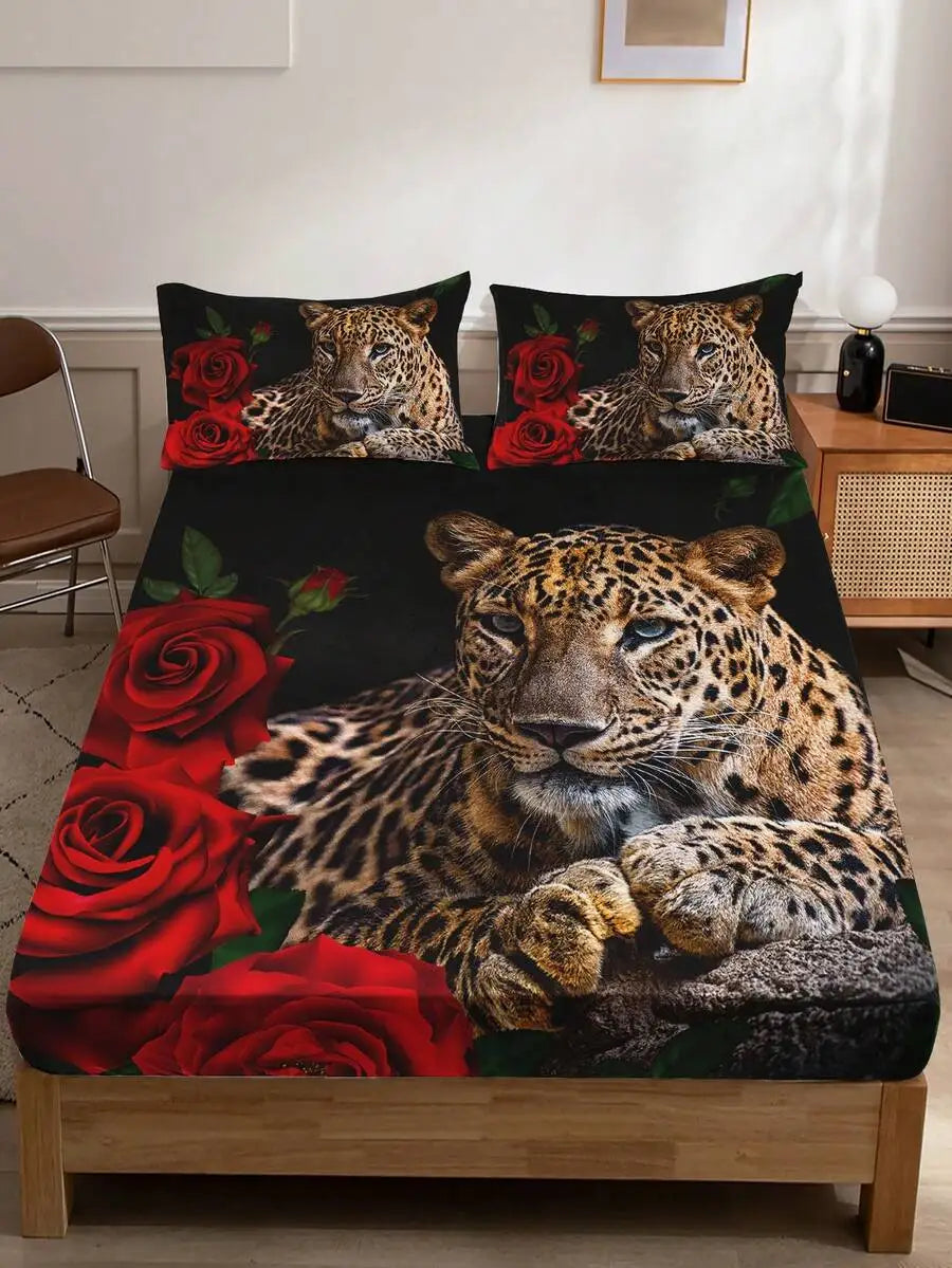 3pcs Red Rose Leopard Print Bedding Set 1 Flat Sheet 2 Pillowcases High Definition Home Dorm Use