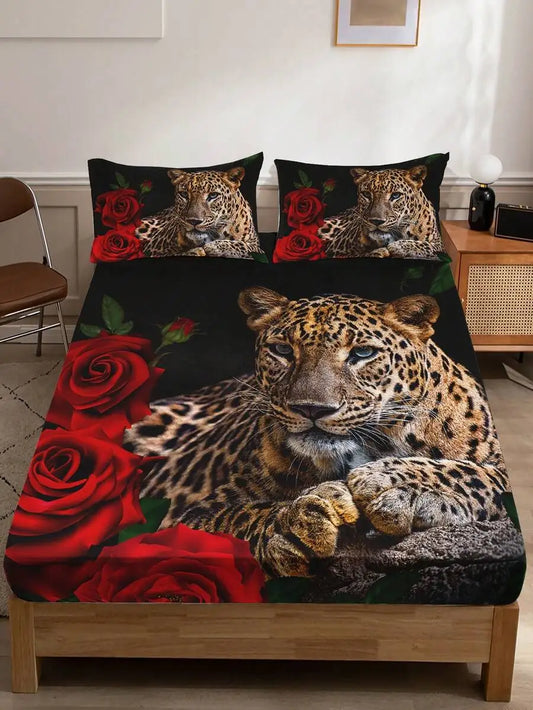3pcs Red Rose Leopard Print Bedding Set 1 Flat Sheet 2 Pillowcases High Definition Home Dorm Use