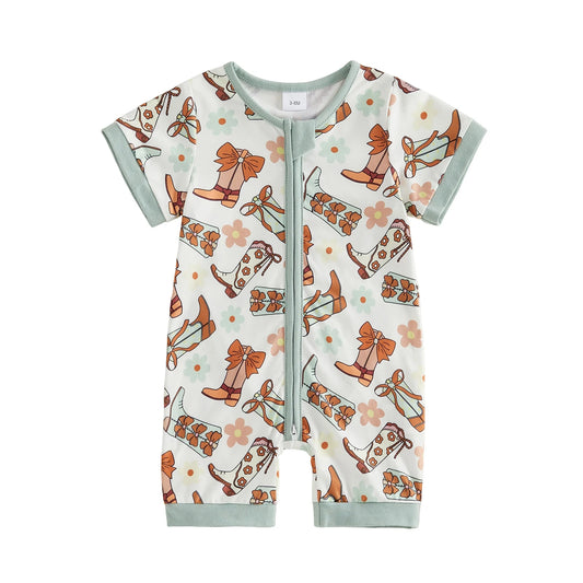 Baby Girl Romper Short Sleeve Crew Neck Western Boots Floral