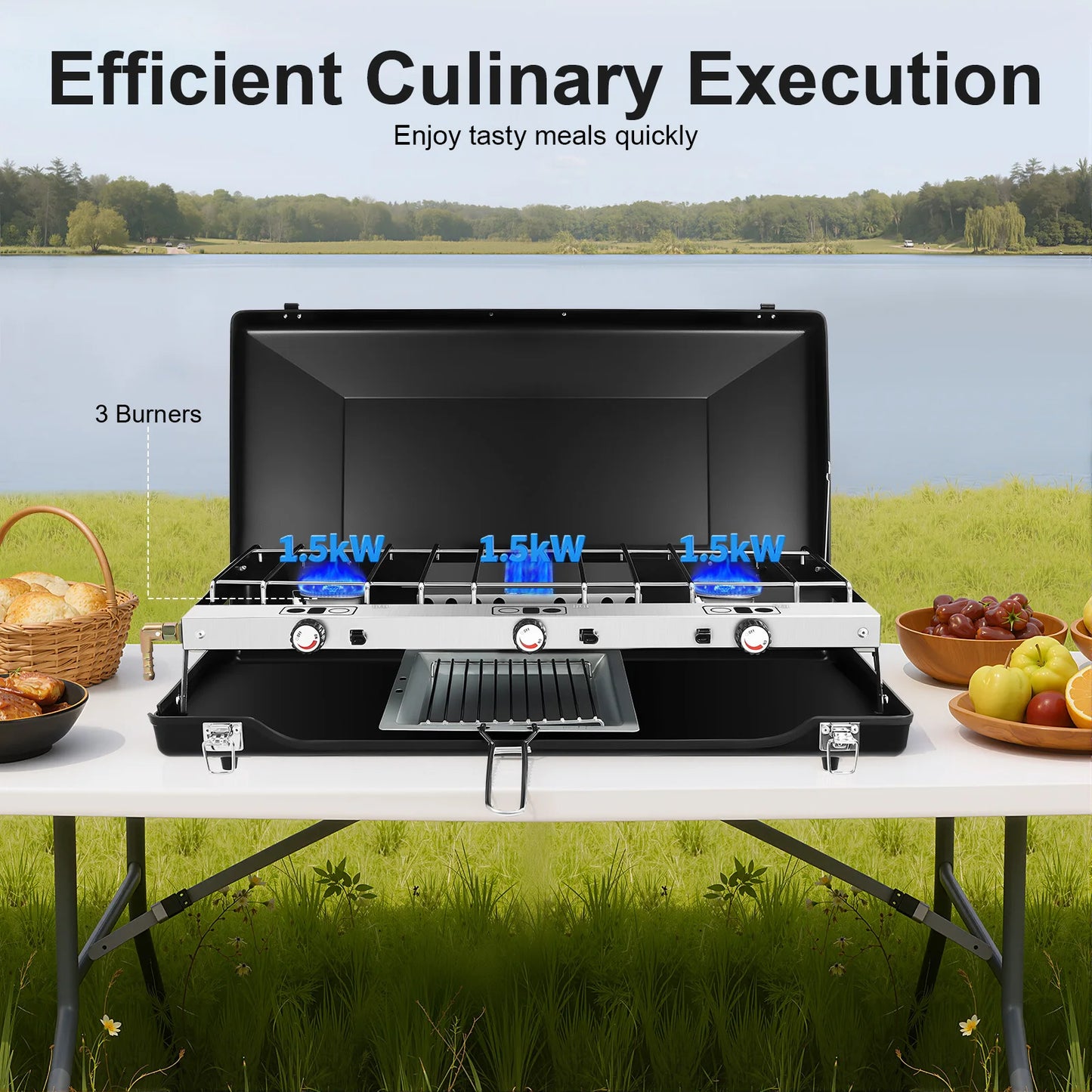 Portable 3 Burner Camping Gas Stove For Outdoor Cooking