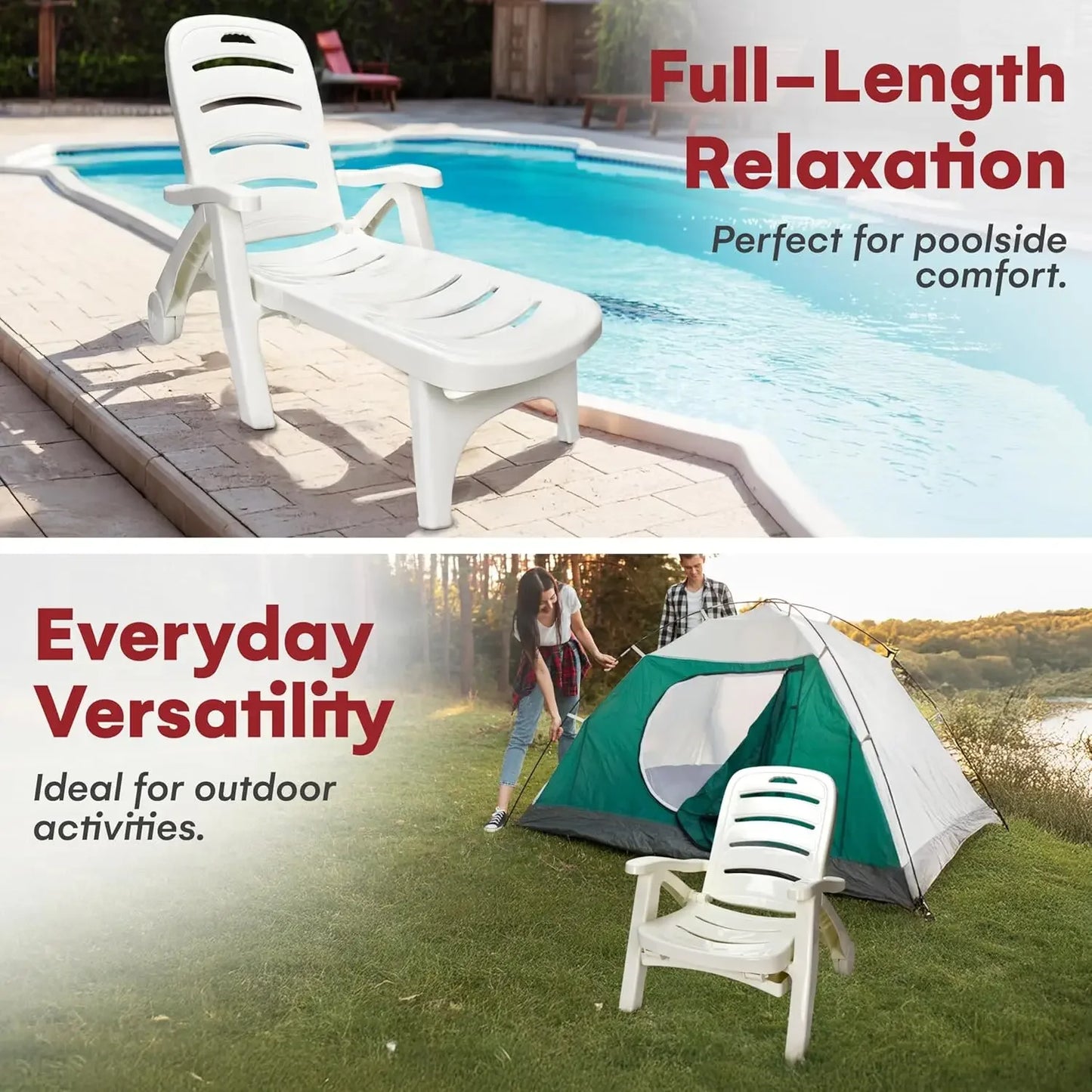 Outdoor Folding Lounge Chair Adjustable Lightweight Chaise Poolside