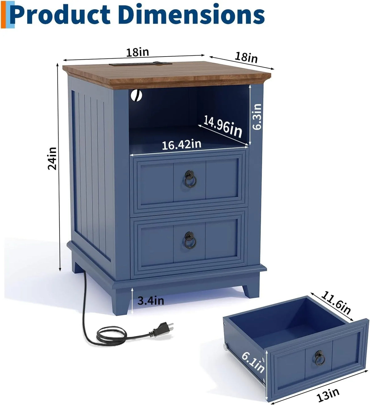 Modern Wood Nightstand With USB Charging And Storage Shelf