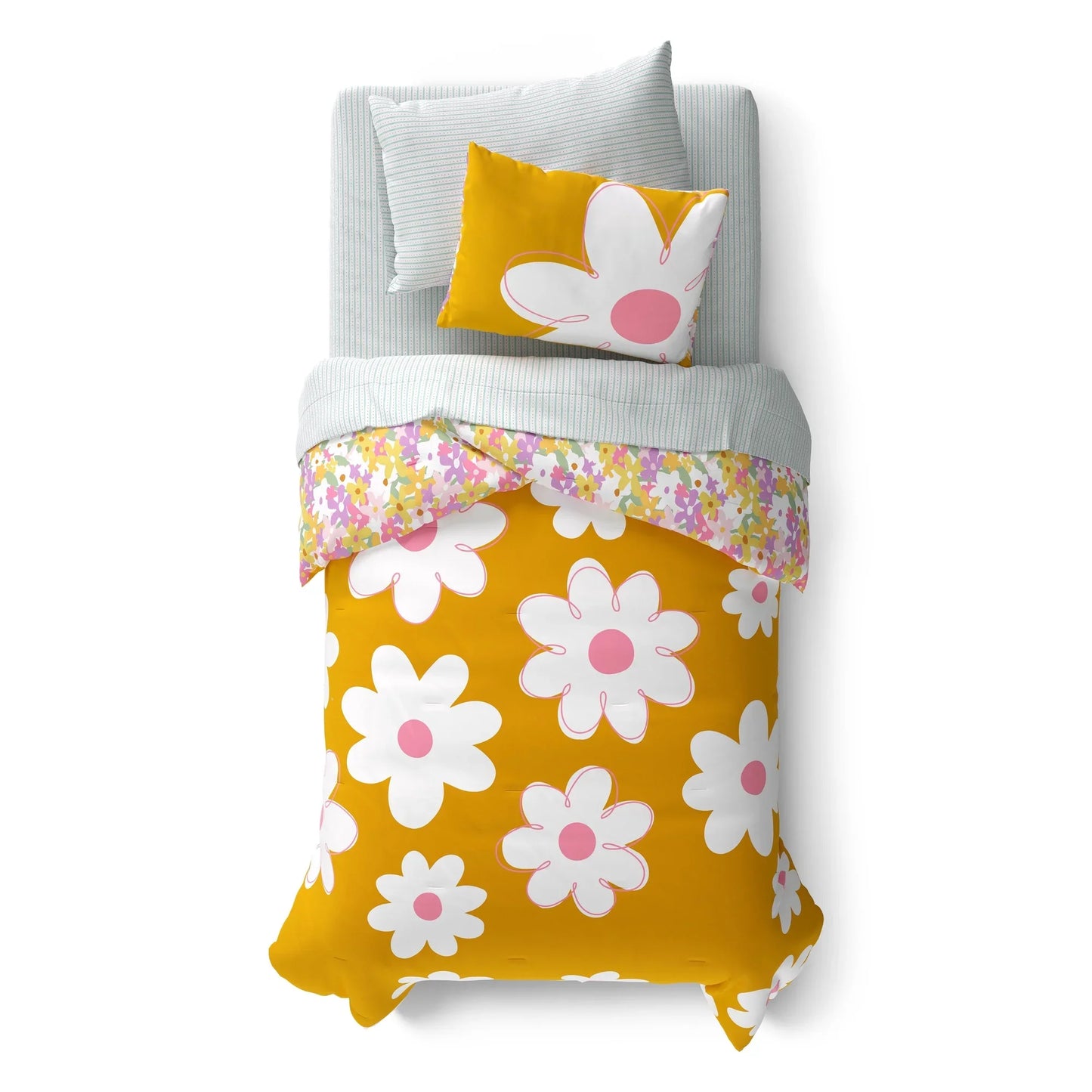 5 Piece Twin Size Daisy Pattern Reversible Comforter Complete Bedding Set Includes Matching Sheets Soft Comfortable Breathable All Season Cozy Bed Linens Stylish Bedroom Decor Easy Wash Durable Household Sleeping Essential Be