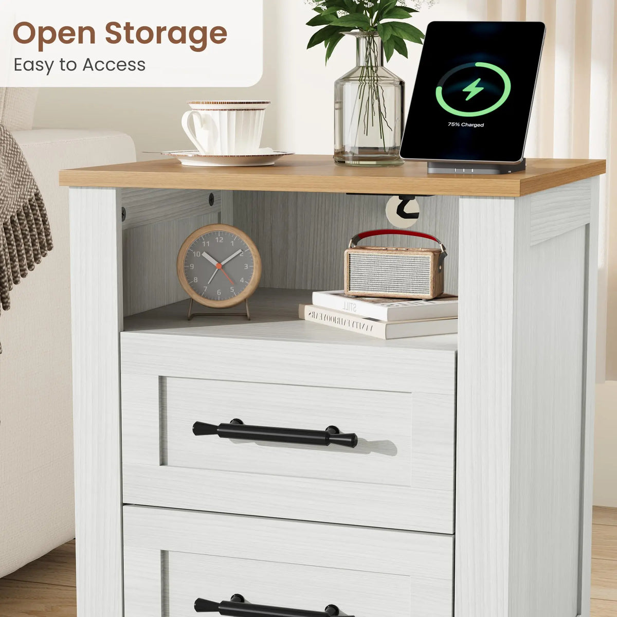Farmhouse Nightstand With 2 Drawers And Open Compartment Side Table With Charging Station End Table With Storage Shelf For Bedroom Living Room Color Blocking 1PCS