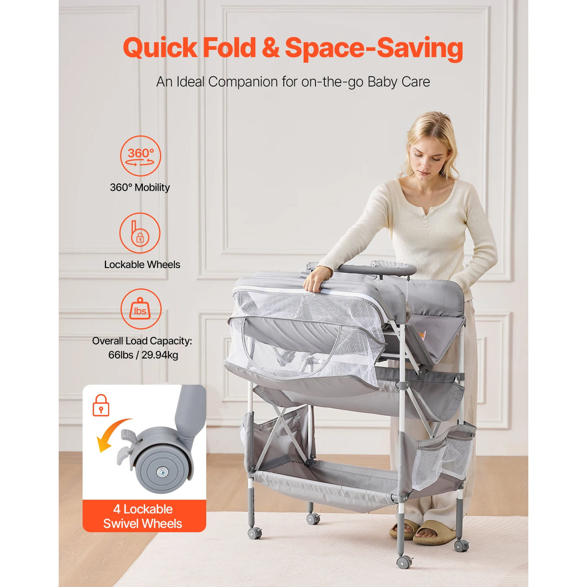 SucceBuy Baby Changing Table Foldable Diaper Change Station with 2 Fabric Drawers Side Basket & Hanging Rod Adjustable Height