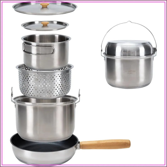 304 Stainless Steel Camping Cookware Set For Four To Six People With Tote
