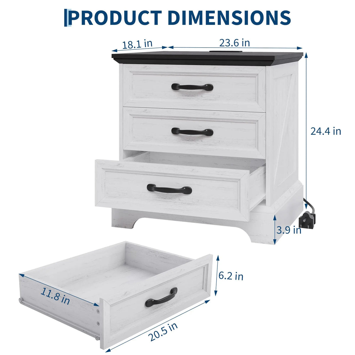 Modern Farmhouse Wood Nightstand With Charging Station And Storage Drawers