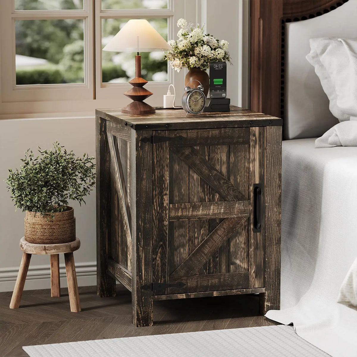 Rustic Farmhouse Nightstand With Charging Station Barn Door And Adjustable Storage Shelf Wooden Small Bedside Table 18 Inch Modern Two Tier Nightstand And End Table For Bedroom
