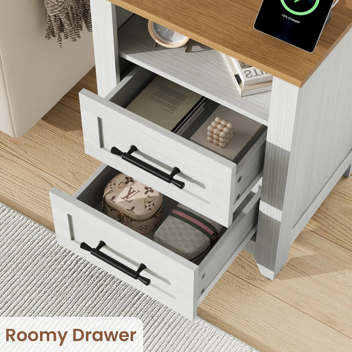 Farmhouse Nightstand With 2 Drawers And Open Compartment Side Table With Charging Station End Table With Storage Shelf For Bedroom Living Room Color Blocking 1PCS