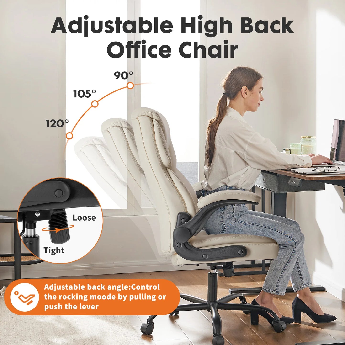 JHK Ergonomic PU Leather Office Chair With Flip Up Arms And Swivel Adjustable