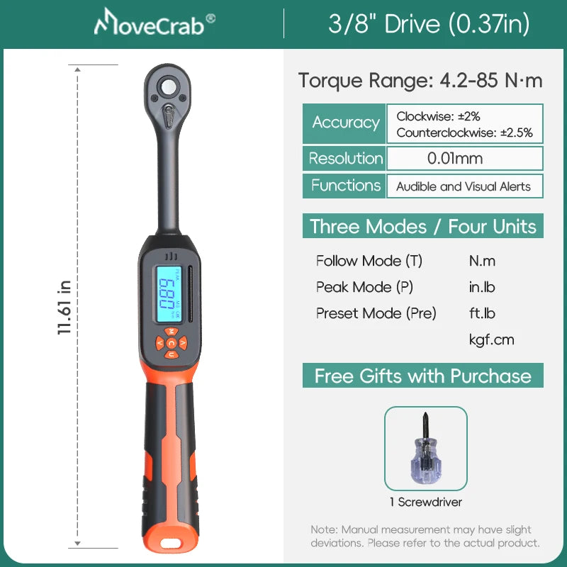 MoveCrab Digital Torque Wrench 1-340N.m 2 Percent Accuracy LED Alerts