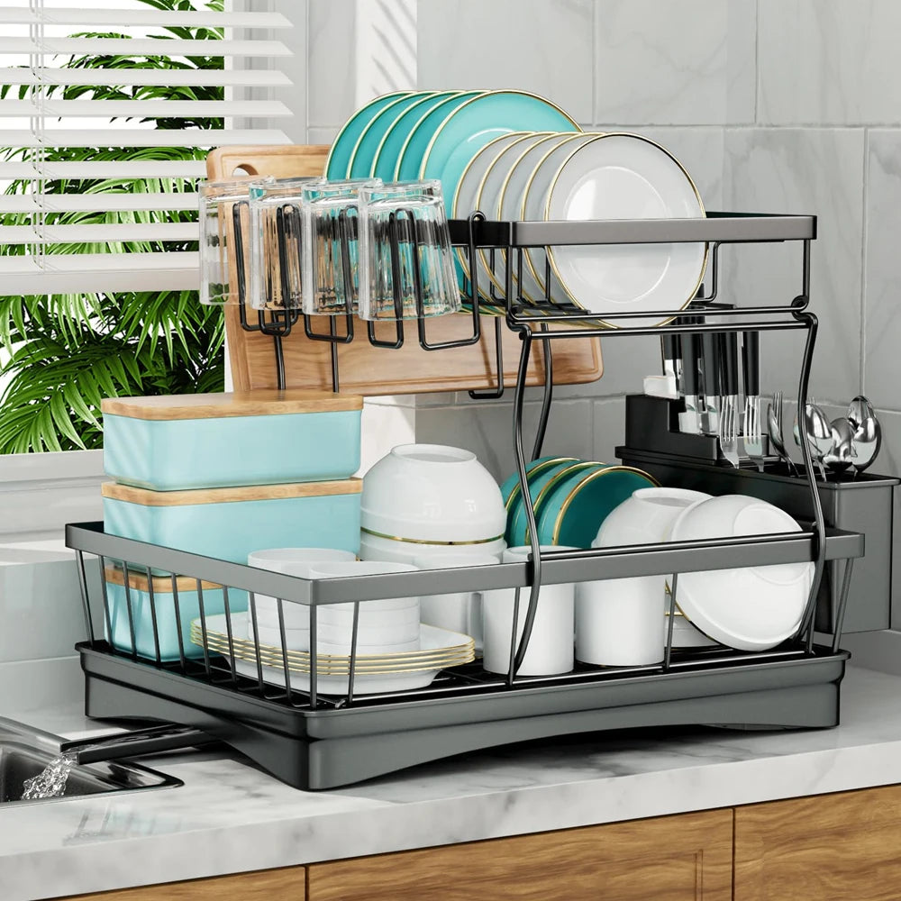 Two-Tier Dish Drying Rack For Kitchen Countertops Removable