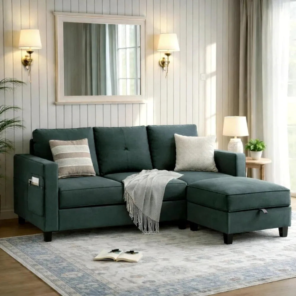 L Shaped Convertible Sectional Sofa With Reversible Storage Ottoman