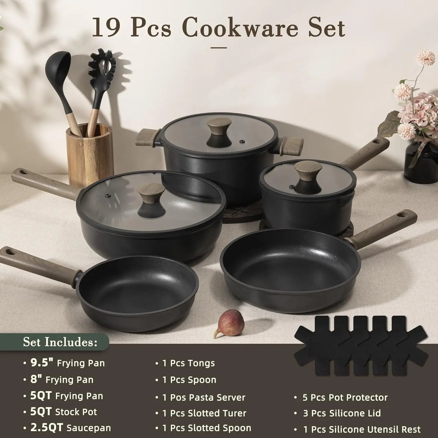 Non-Stick Titanium Cookware Set PFAS-Free Induction Compatible 19-Piece