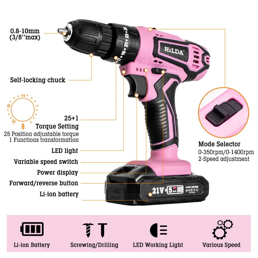 HILDADIY 21V Cordless Drill With 25 to 1 Torque Settings