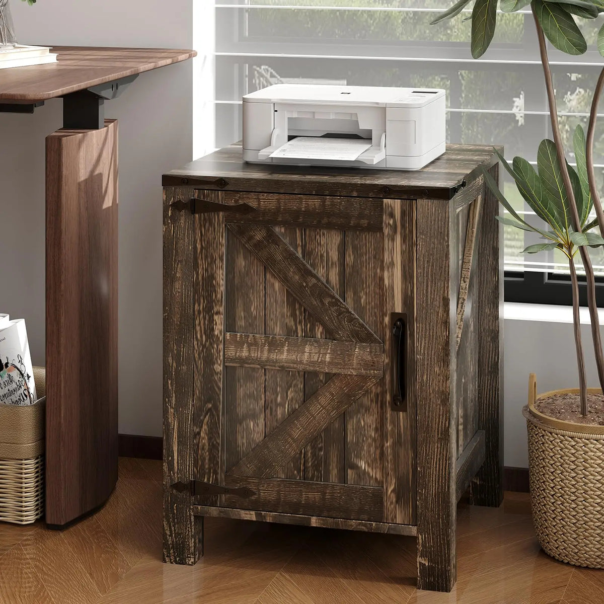 Rustic Farmhouse Nightstand With Charging Station Barn Door And Adjustable Storage Shelf Wooden Small Bedside Table 18 Inch Modern Two Tier Nightstand And End Table For Bedroom