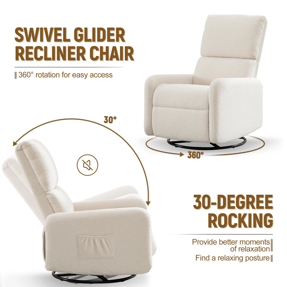 Korser Sherpa 360 Degree Swivel Glider Chair, Rocking Armchair with Side Pocket, Compact Furniture for Small Spaces Living Room