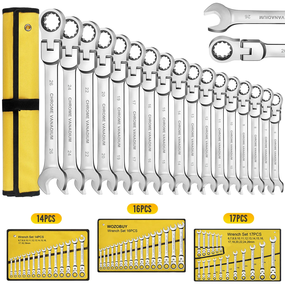 WOZOBUY Flex Head Ratchet Wrench Set CRV Steel 72 Teeth